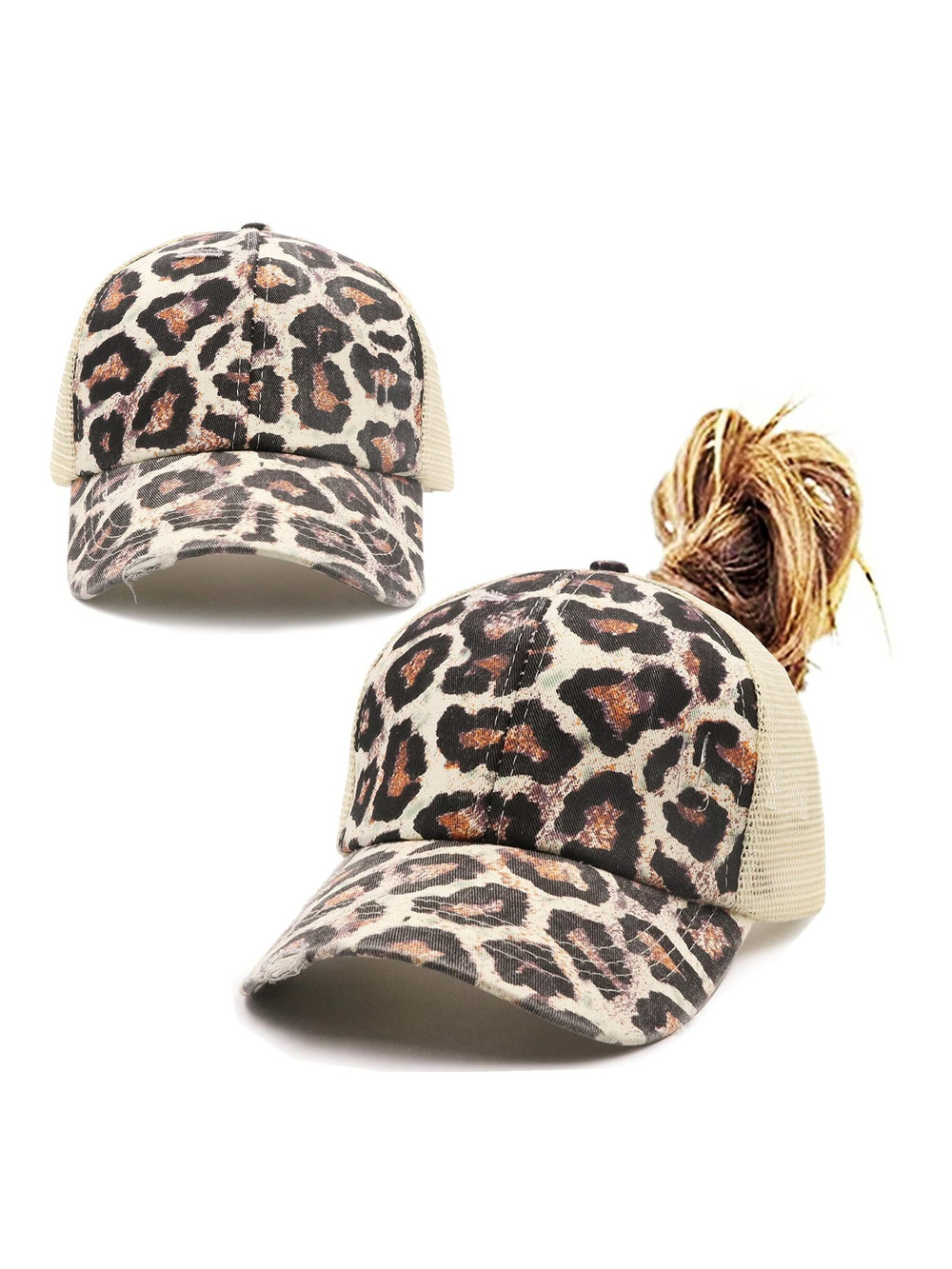 Womens High Ponytail Messy Bun Baseball Caps | Brown Leopard | Size OS